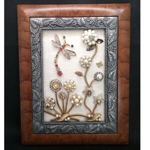 Whimsical Floral Jewelry Art Hand Crafted Vintage Pearls Gold Pink Dragonfly NEW